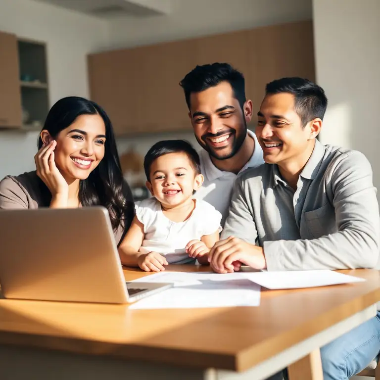Relieved family reviewing their finances at home